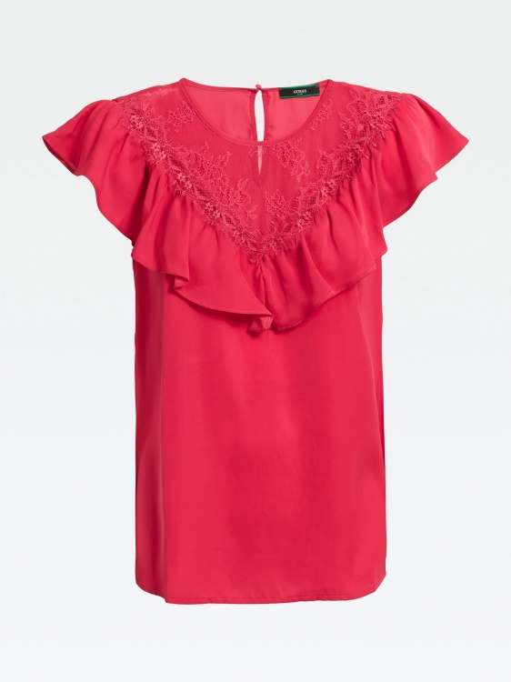 Guess горнище с волани от розов сатен