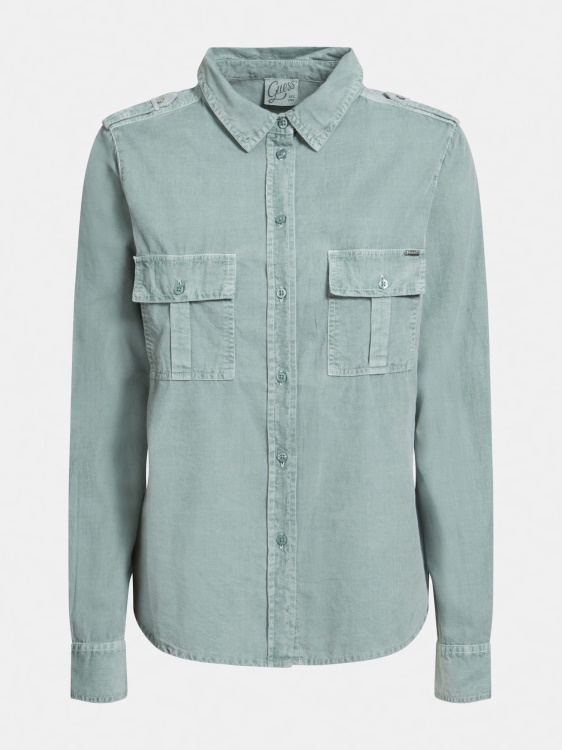 синьо-зелена риза с предни джобове