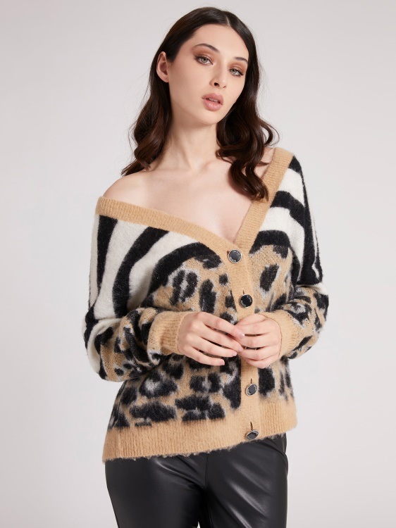жилетка Guess Animalier смес от вълна много бежово