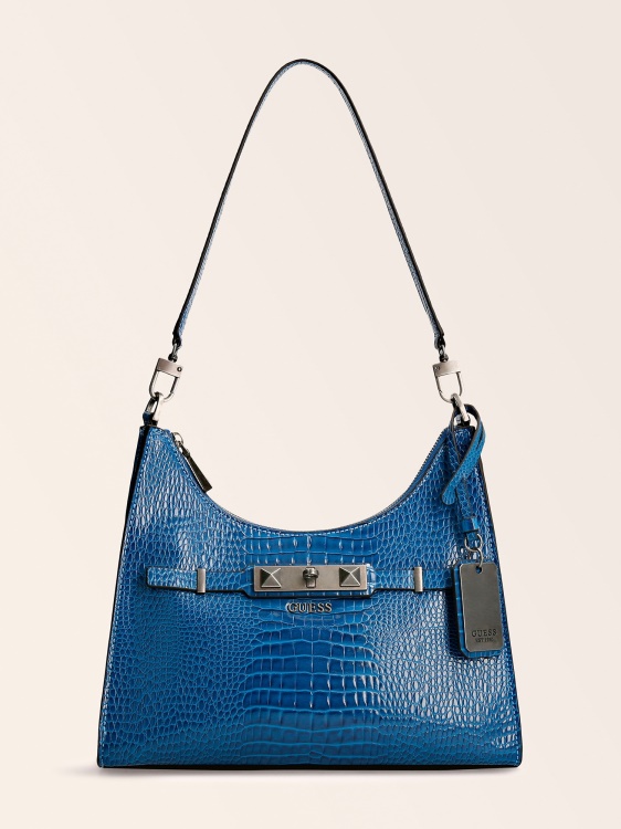 чанта през рамо с крокодил с щампа Raffie Guess Blue
