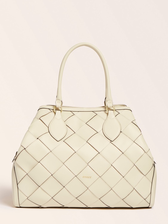 бяла голяма луксозна дамска чанта от естествена кожа Guess
