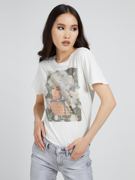 бяла тениска с щампа отпред Guess