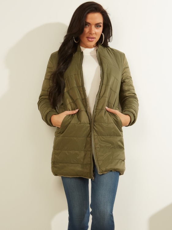 парка с качулка от изкуствена кожа Guess Green