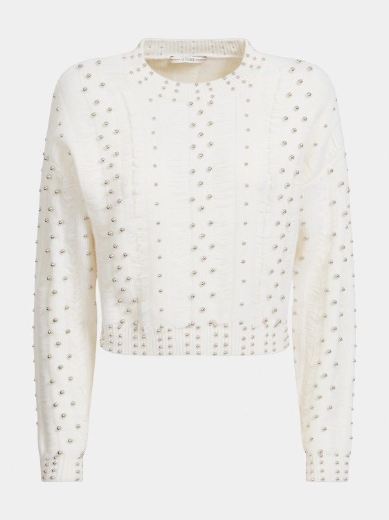 бял джемпер с апликация на бижута