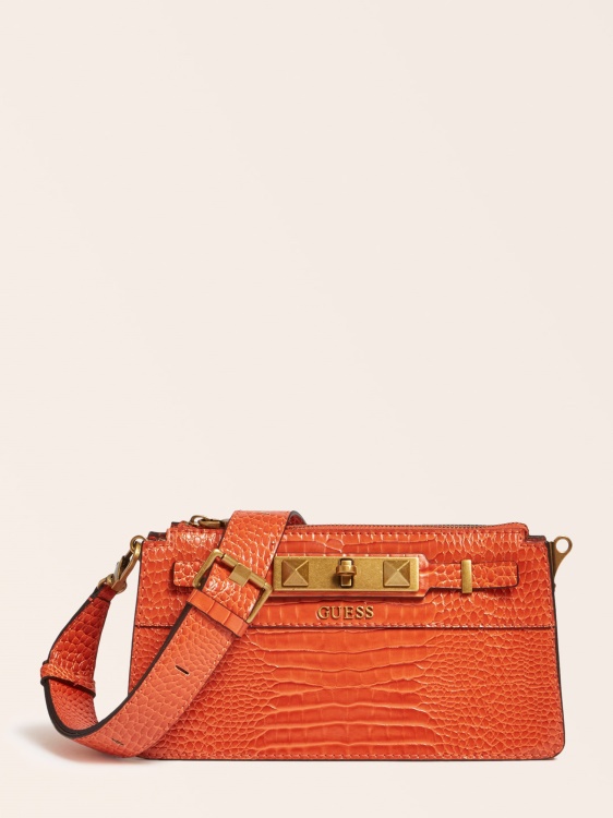 Guess мини Crossbody с портокален рафи и крокодил