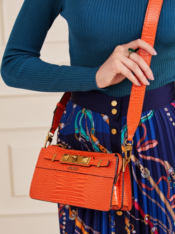 Guess мини Crossbody с портокален рафи и крокодил