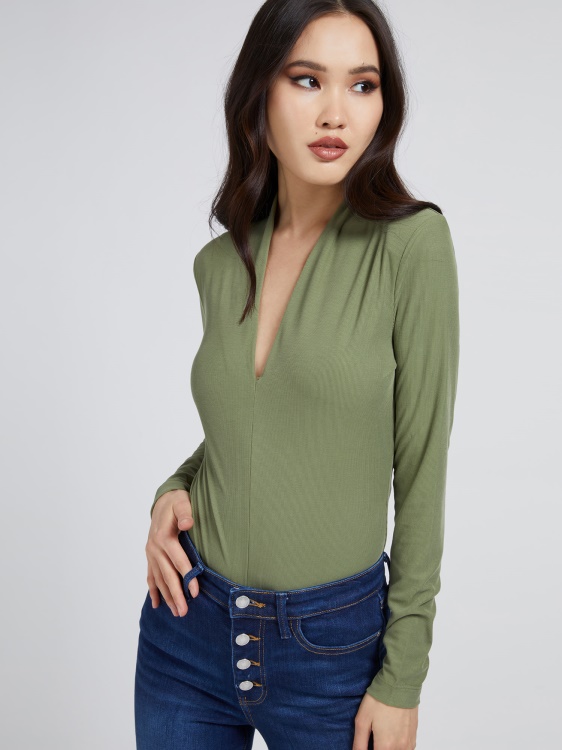 Guess V-образно деколте боди зелено