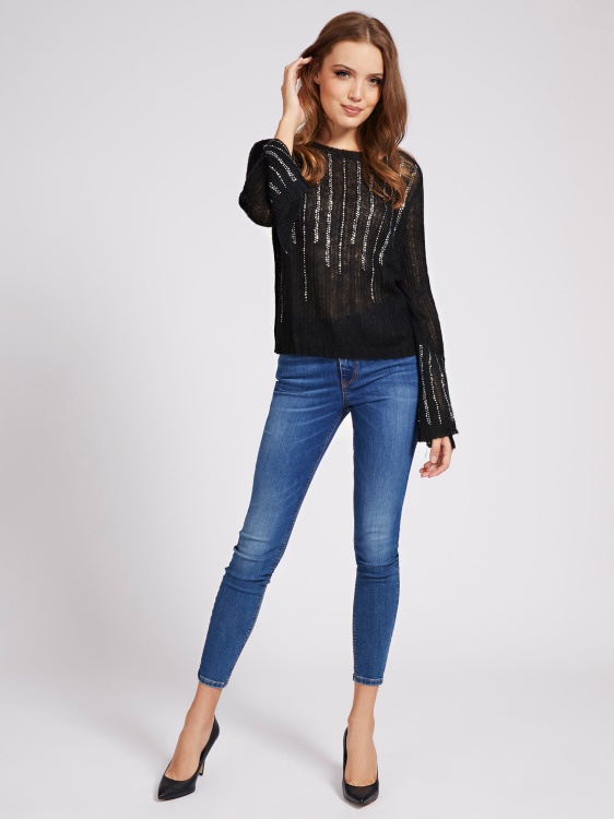 черен пуловер с деколте с кристали Guess