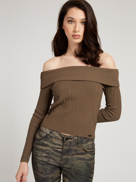 пуловер с отворени рамена Guess Green