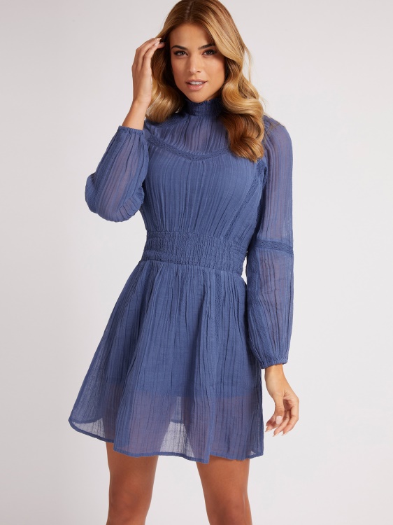 рокля от памучна смес Guess Blue
