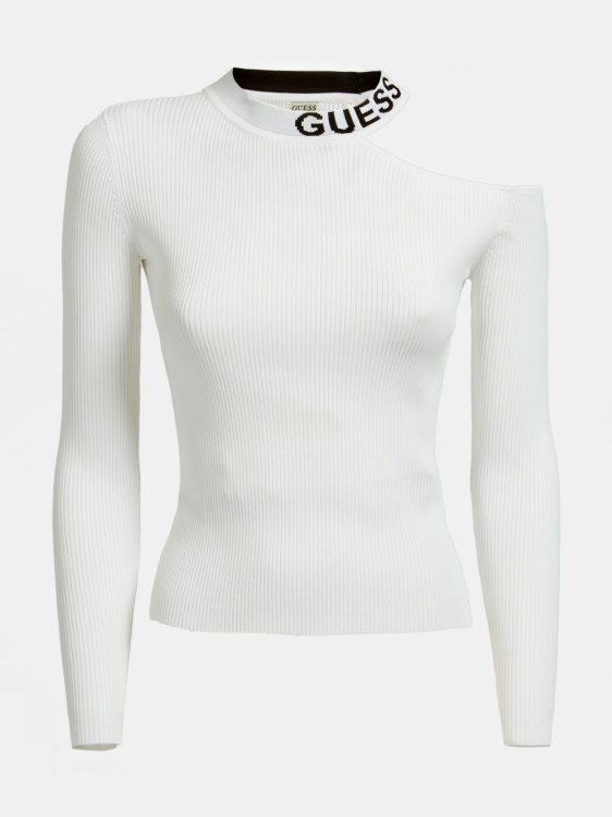 сив пуловер Guess с дантелени детайли с деколте
