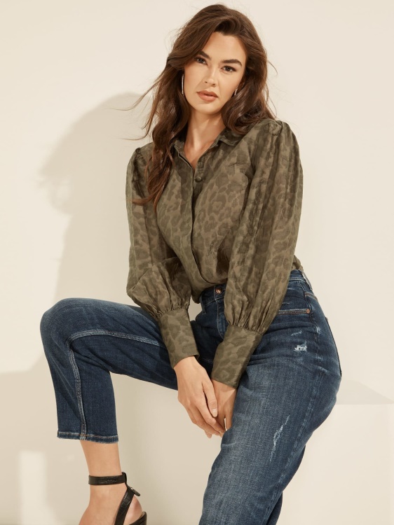 зелена риза с животински принт Guess