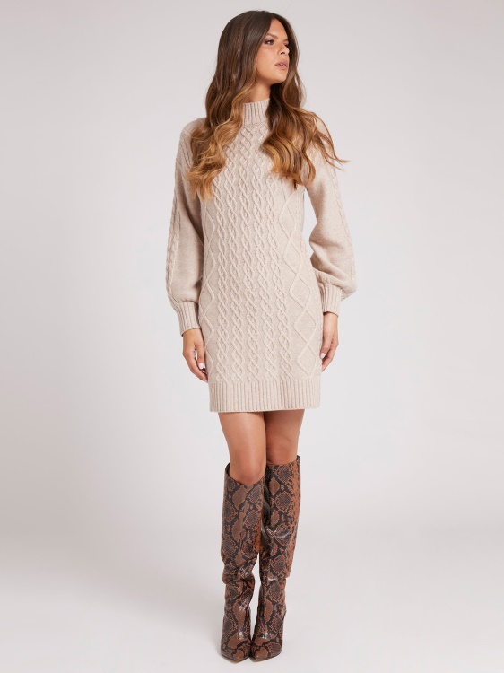 бежова рокля от вълнена смес Guess