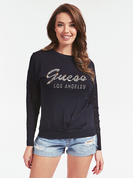 предно лого пуловер от смес от вискоза Guess тъмно син