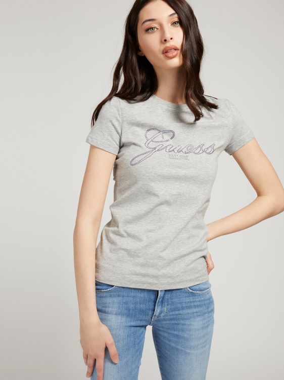 сива тениска с много лого и кристали Guess