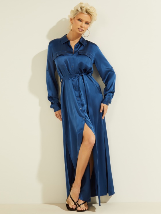 електриково синя копринена макси рокля Guess