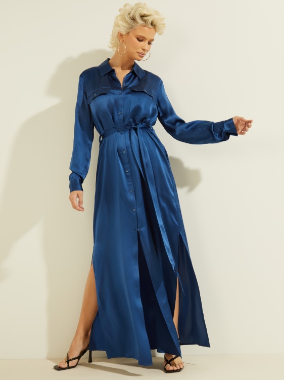 електриково синя копринена макси рокля Guess