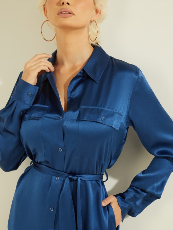 електриково синя копринена макси рокля Guess