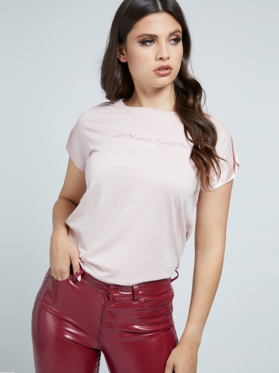сатенена апликационна тениска Guess светло розово