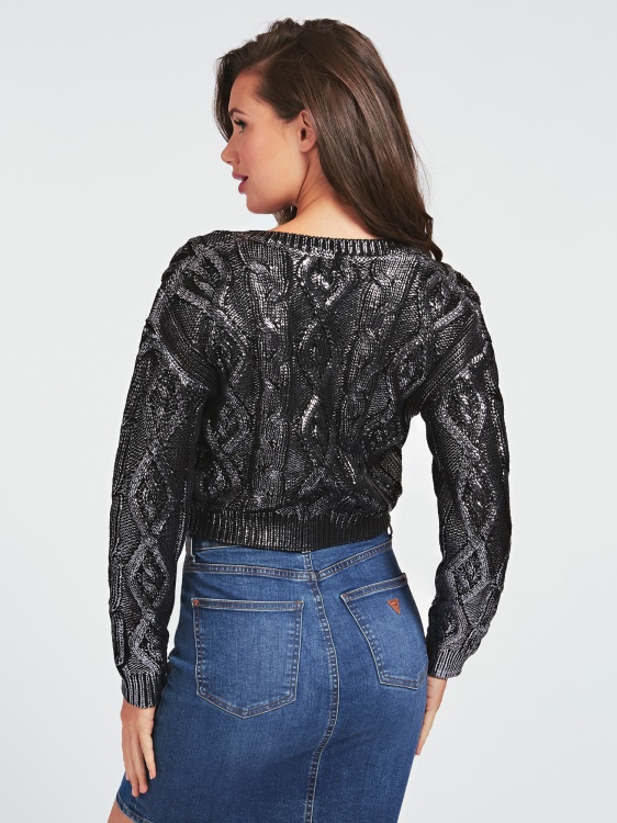 черен пуловер с оплетка Guess