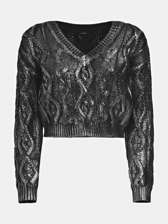 черен пуловер с оплетка Guess