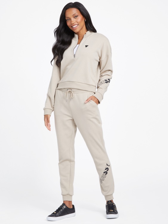 Guess пуловер с цип с кадифено кафяво лого на Sabrina