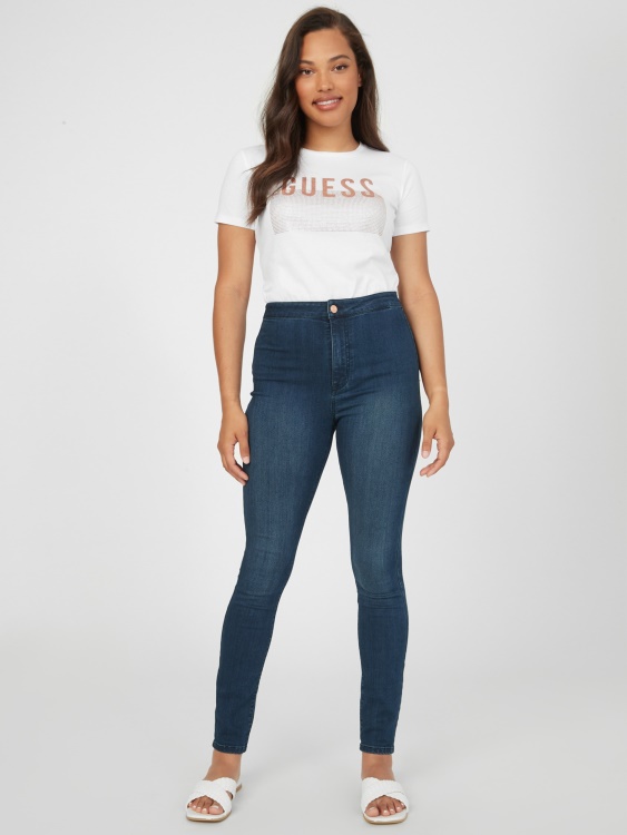тениска с лого на Lisey Rhinestone Guess чисто бяла