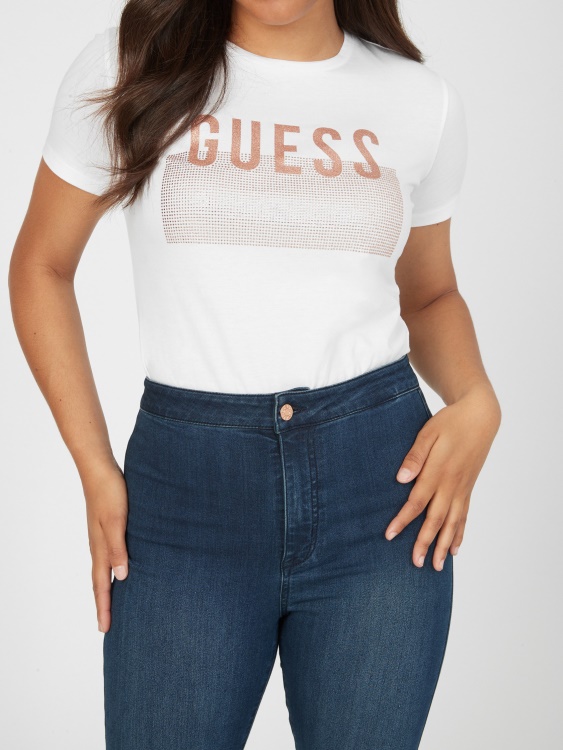 тениска с лого на Lisey Rhinestone Guess чисто бяла