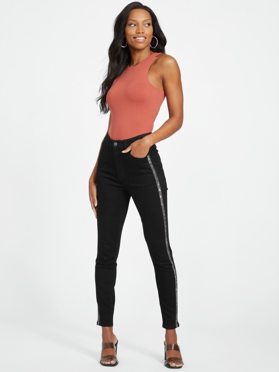 черни тесни дънки с кристална тапицерия Guess