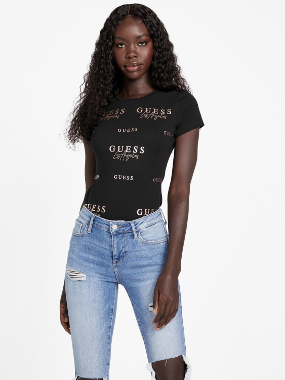 Guess Eco Catae тениска с лого с кристали, черна