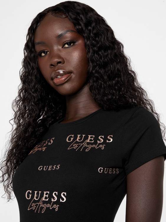 Guess Eco Catae тениска с лого с кристали, черна