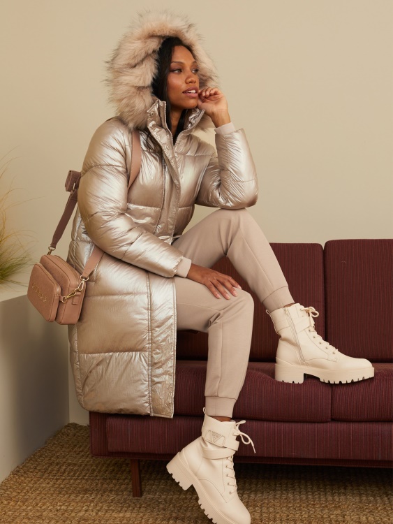 Анджела дълго пухено яке кадифе тауп Guess
