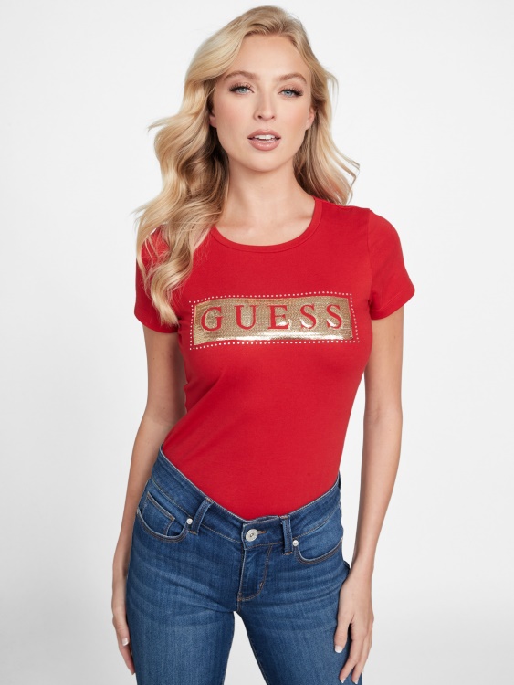 тениска със стоманени пайети и кристали Guess Rugby Red