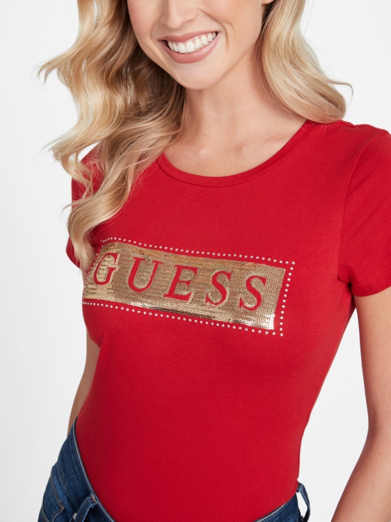 тениска със стоманени пайети и кристали Guess Rugby Red