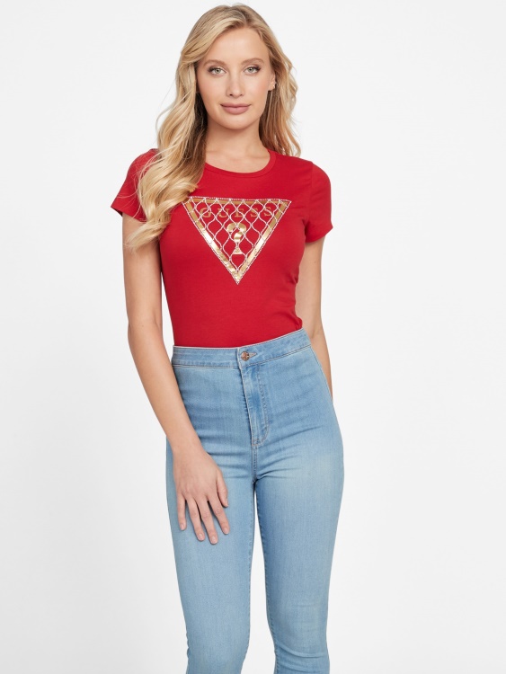 тениска с мрежесто лого с кристали Guess ръгби червено