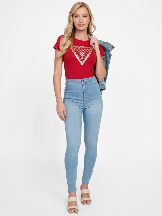 тениска с мрежесто лого с кристали Guess ръгби червено