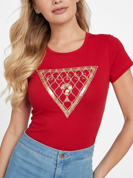 тениска с мрежесто лого с кристали Guess ръгби червено