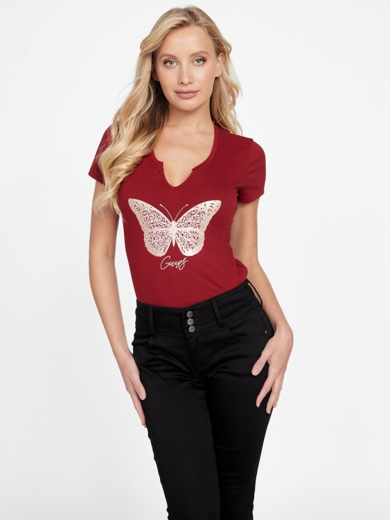 Eco Cera тениска с пеперуда Guess Beet Juice Red