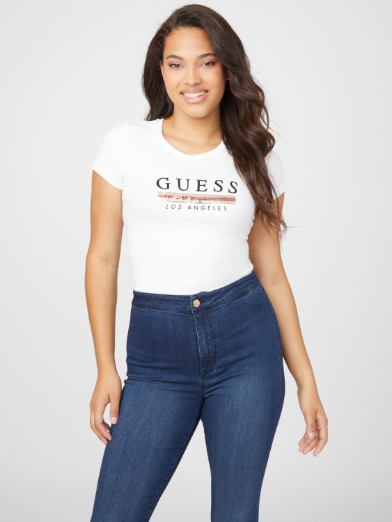 стерлинги тениска с пайети Guess чисто бяла