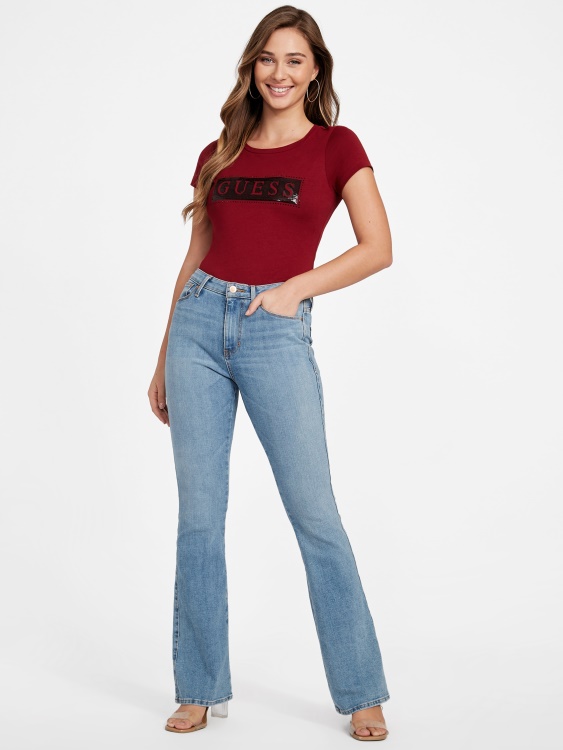 тениска със стоманени пайети и кристали Guess Beet Juice Red