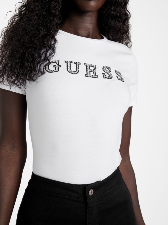 истинска бяла тениска с лого на кристали Jill Guess