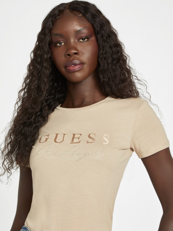тениска с лого на кадифе тауп Guess Eco Sallie