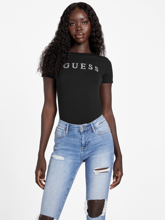 черна тениска с лого на Guess Jill Rhinestone