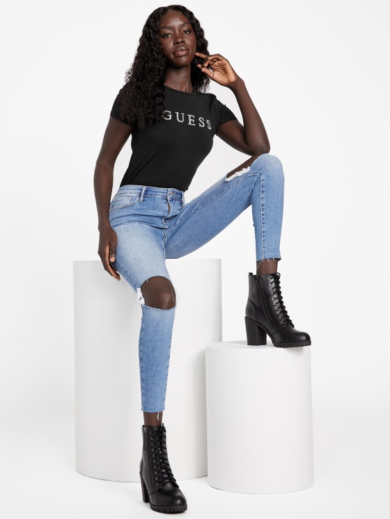 черна тениска с лого на Guess Jill Rhinestone