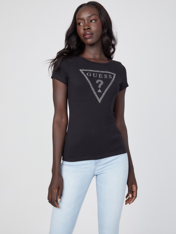 черна еко тениска с лого на страз, тениска Guess