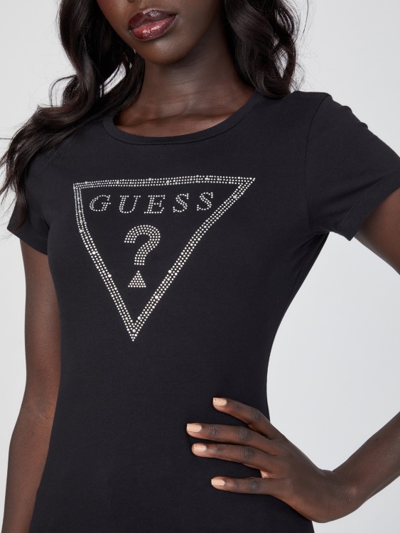 черна еко тениска с лого на страз, тениска Guess