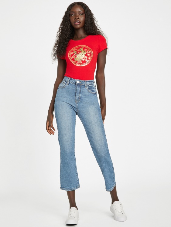 червена череша Guess Tu метална тениска със заек