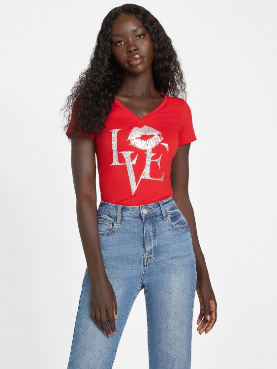 Guess Rugby Red Eco Cece тениска с V-образно деколте