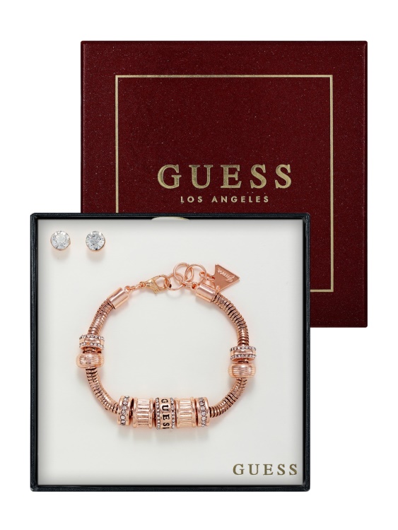 сребърна розово-златна талисманска гривна и комплект обеци Guess