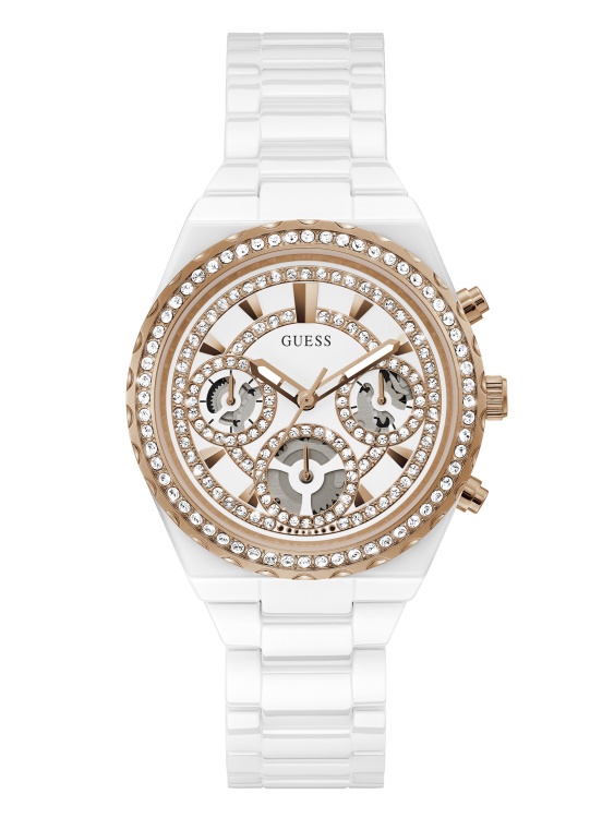 Многофункционален часовник с розово злато и бяла керамика Multi Guess